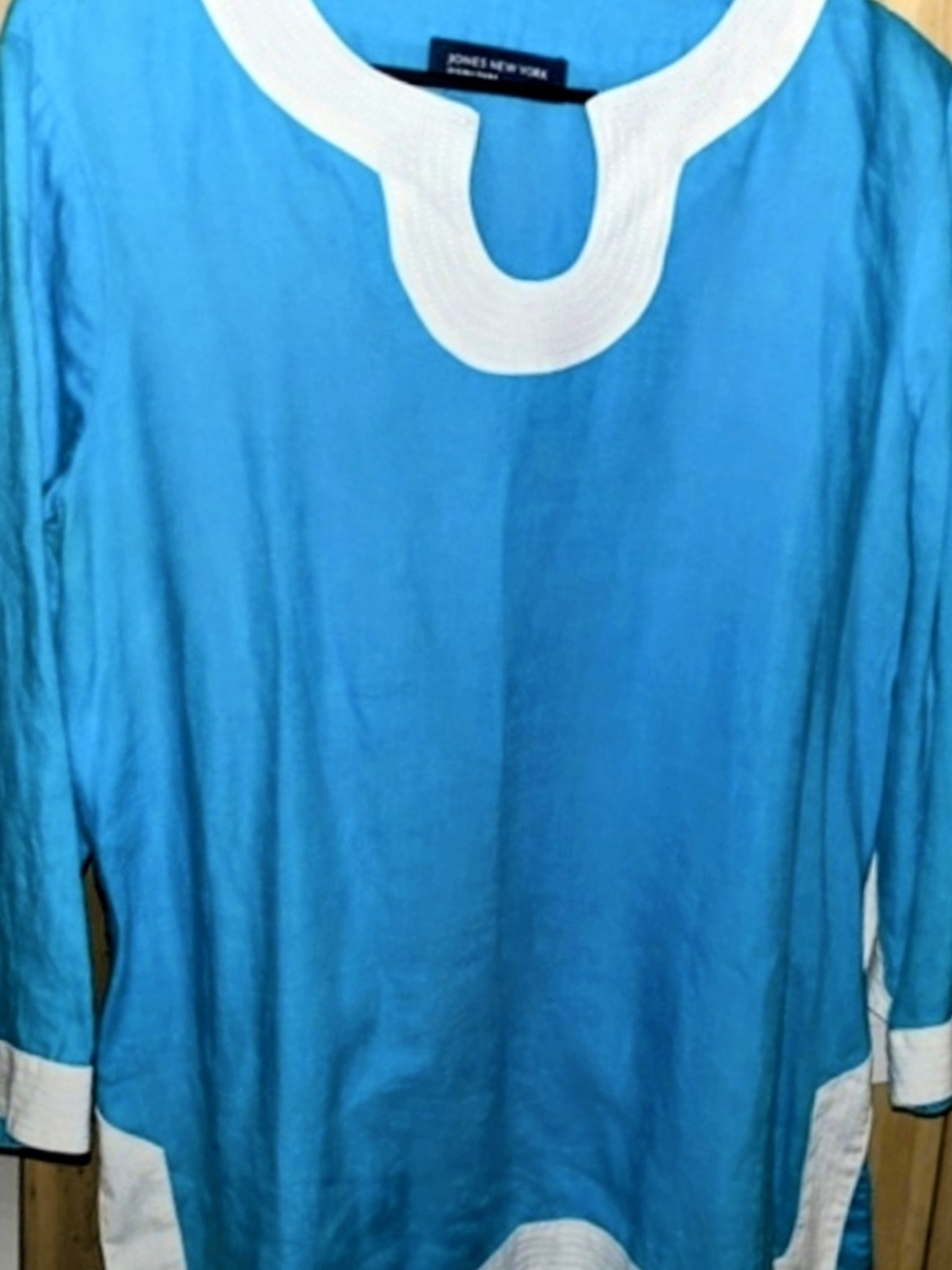 Jones New York Turquoise Long-Sleeve Linen Top with White Trim L - XL